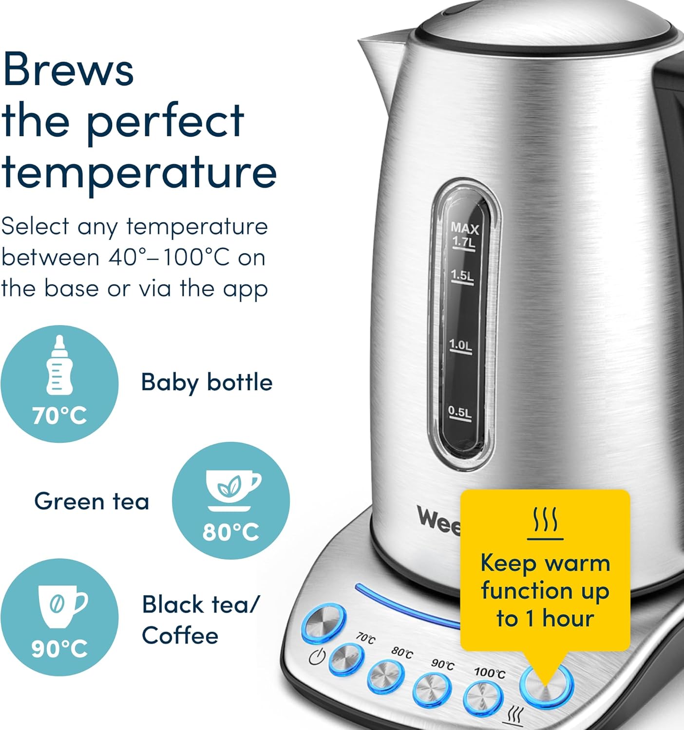 WeeKett Smart Kettle 1.7L – Stainless Steel, Voice Control Alexa Kettle, Variable Temperature, Keep Warm, BPA Free