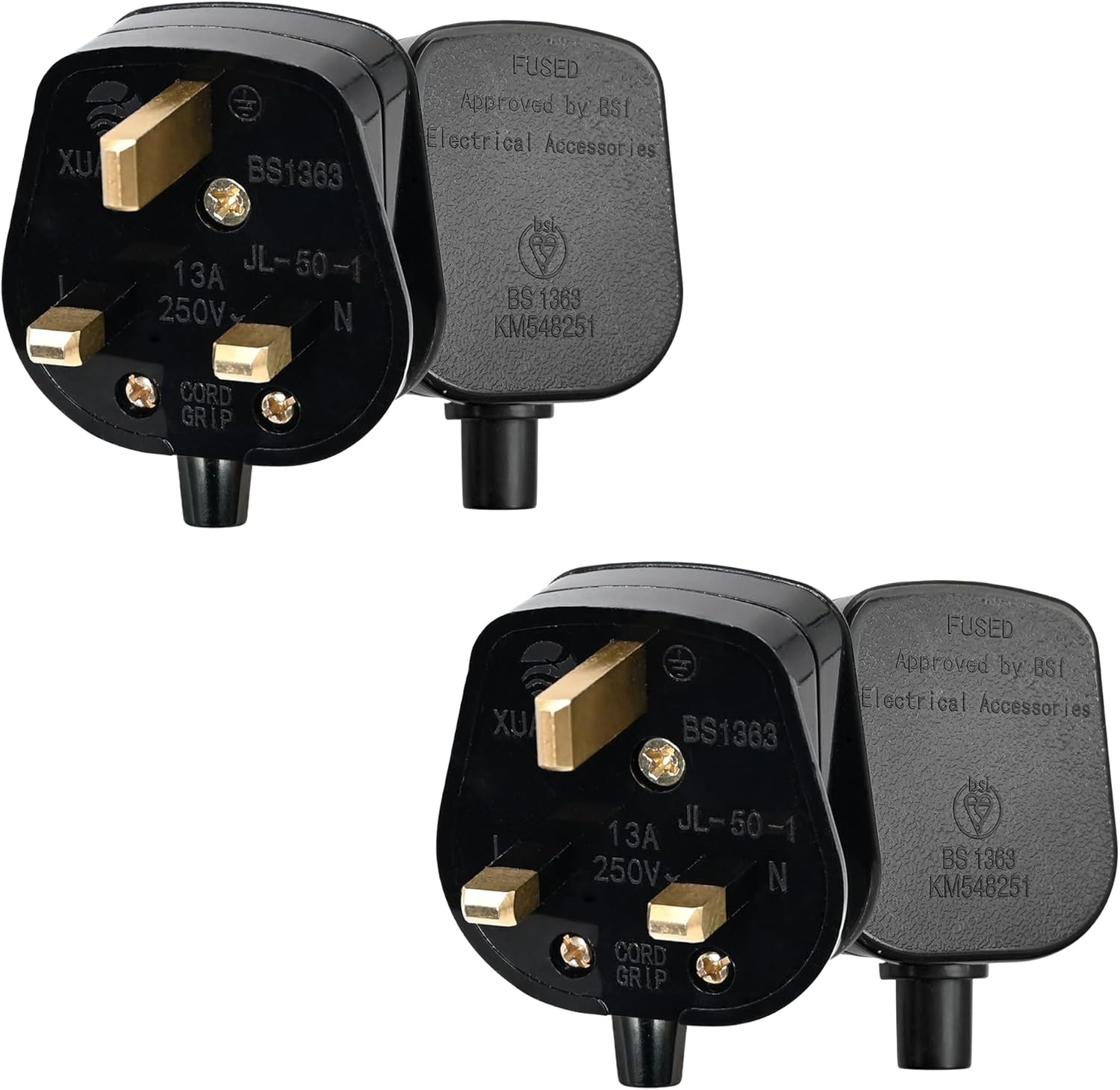 Two black electrical plugs with gold contacts on a white background