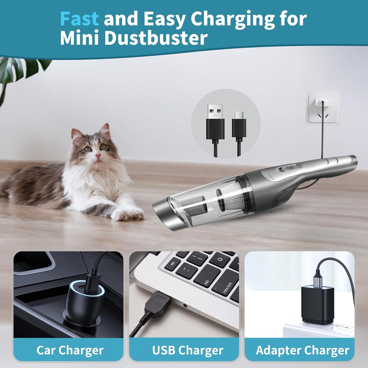 Cordless Car Vacuum Cleaner Grey – Powerful 9Kpa Suction, 20Min Runtime