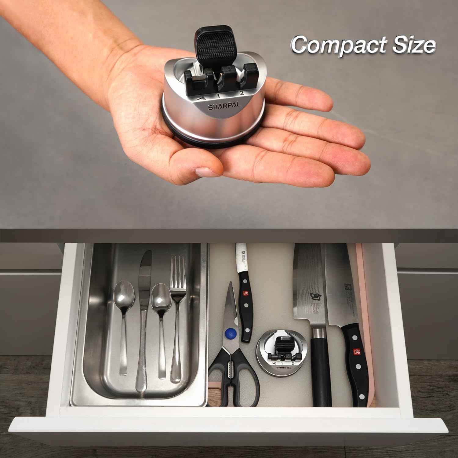 3-Stage Kitchen Knife and Scissors Sharpener – Professional Tungsten Carbide & Ceramic Sharpening Tool for Straight and Serrated Blades, Safe Suction Base, Compact Silver