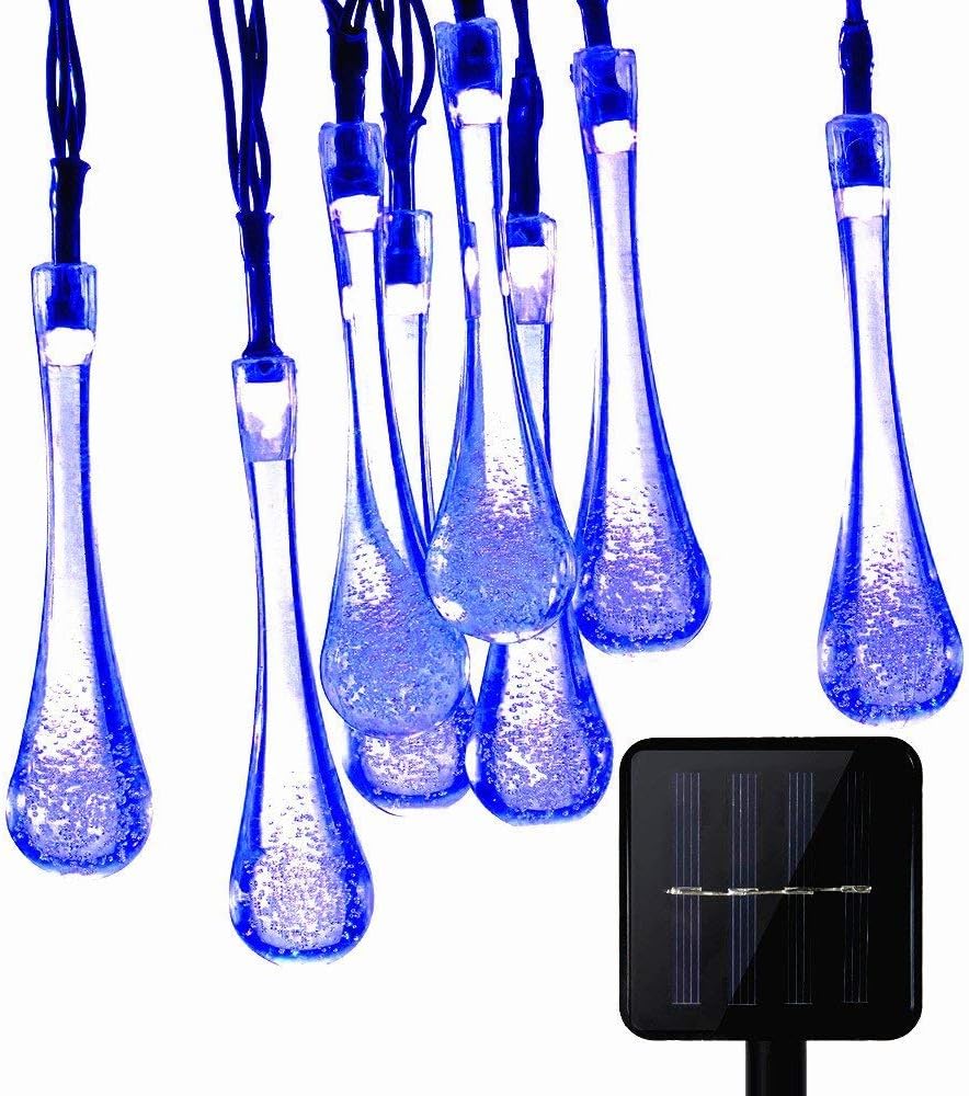 20LED Solar String Lights Waterdrop Fairy Decorative Lights for Outdoor Garden Patio Fence Yard Party Christmas (Blue)