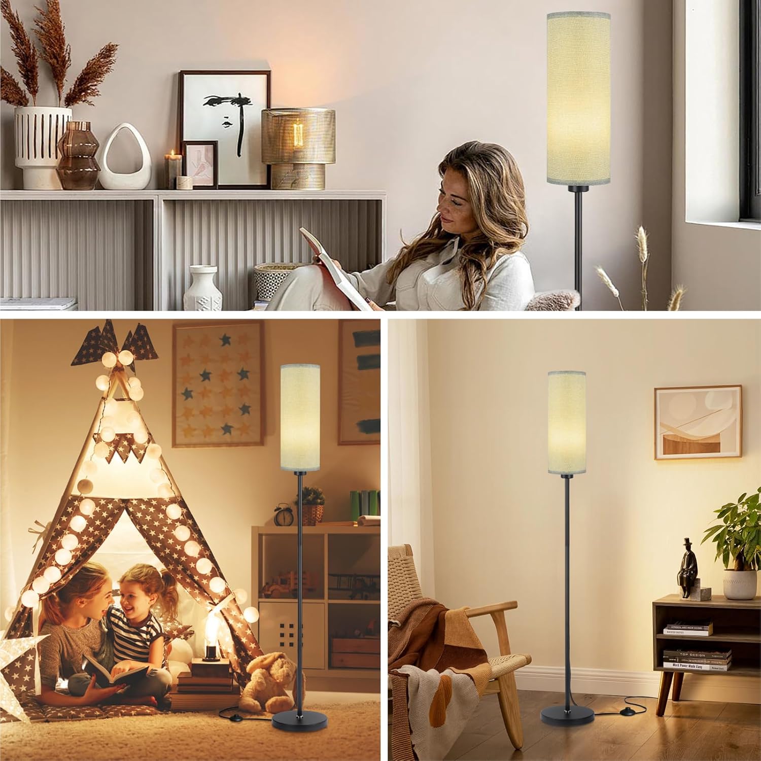 Floor Lamp Grey Standing Lamp with Remote Control – Dimmable Colour Temperatures, 9W Bulb Included, Modern Black Pole Standard Lamp with Foot Switch