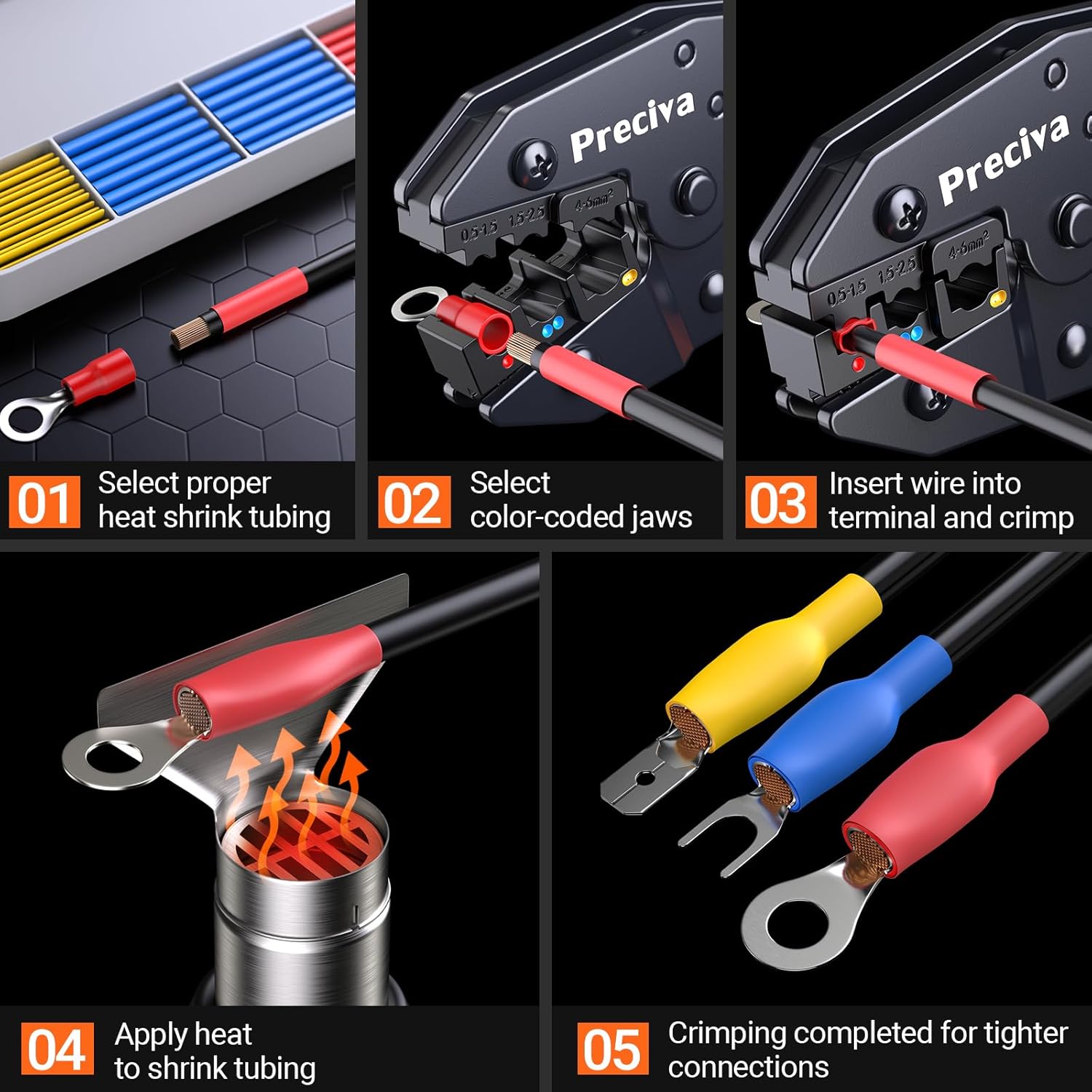 Preciva 600-Piece Professional Crimping Tool Set, Includes Crimper Tool for 0.5-6mm² Wires (AWG 20-10), 490 Insulated Ferrules, 190 Heat Shrink Tubings & 2-Layer Toolbox, for Electrical Maintenance