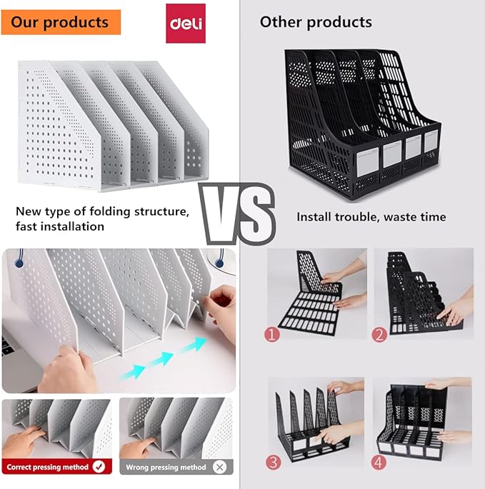 Folding File Holder with 4 Compartments – Desk Organizer, Light Grey