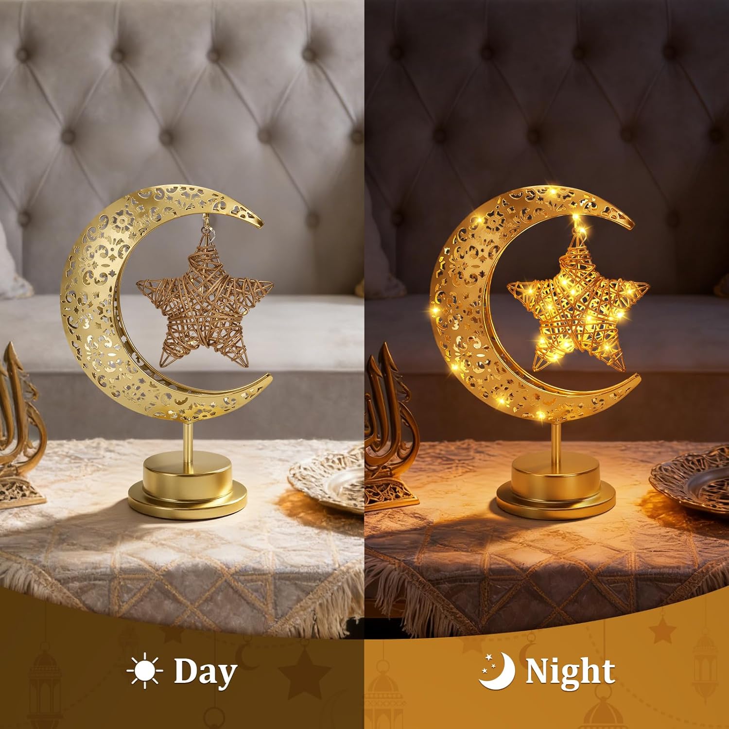 Ramadan Crescent Moon Table Lamp – Battery Operated Half Moon LED Night Light with Star Design, Eid Decorations for Bedroom & Home