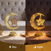 Ramadan Crescent Moon Table Lamp – Battery Operated Half Moon LED Night Light with Star Design, Eid Decorations for Bedroom & Home