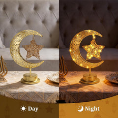 Ramadan Crescent Moon Table Lamp – Battery Operated Half Moon LED Night Light with Star Design, Eid Decorations for Bedroom & Home