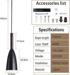 Pendant light with dimensions, accessories list, and specifications on a white background