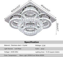 Modern Crystal LED Chandelier, 5-Ring Square Flush Mount Ceiling Light