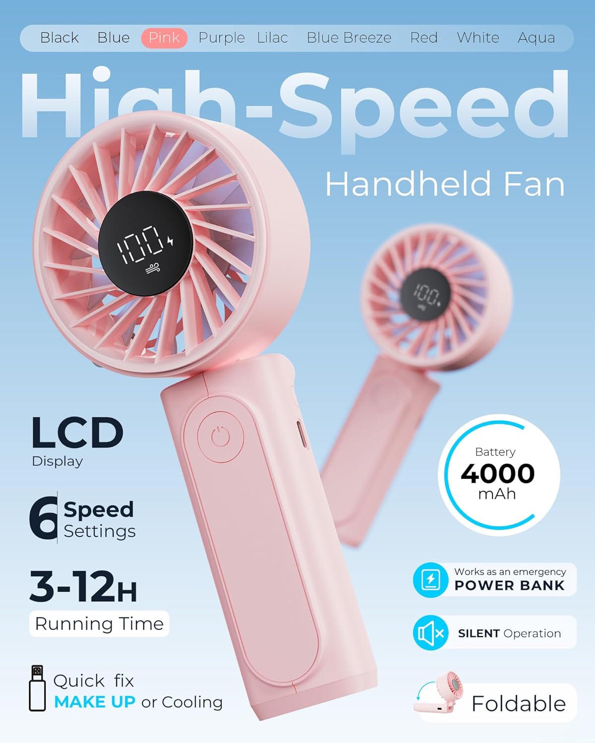 Portable Handheld Fan 4000mAh 6-Speed Foldable Mini Fan