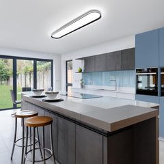 Modern kitchen with a island, stools, and large windows.