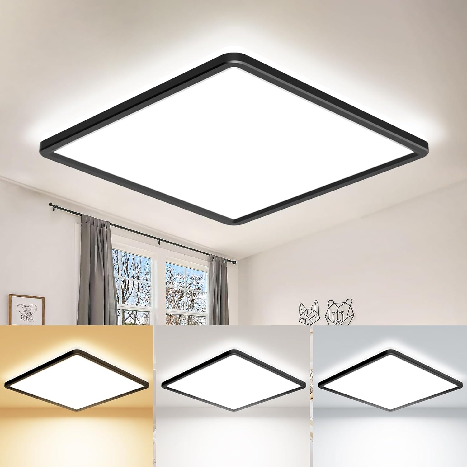 22cm Black LED Ceiling Light, 18W 1950LM Modern Square Flush Mount Fixture, Waterproof 3000K/4000K/6500K Lamp for Bathroom, Kitchen, Hallway, Bedroom, Porch, Toilet