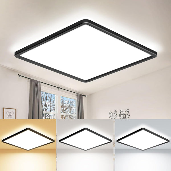 22cm Black LED Ceiling Light, 18W 1950LM Modern Square Flush Mount Fixture, Waterproof 3000K/4000K/6500K Lamp for Bathroom, Kitchen, Hallway, Bedroom, Porch, Toilet