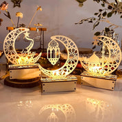 Wooden Ramadan Crescent Moon LED Table Light, Battery Powered Eid Decorative Lamp for Home & Festive Display