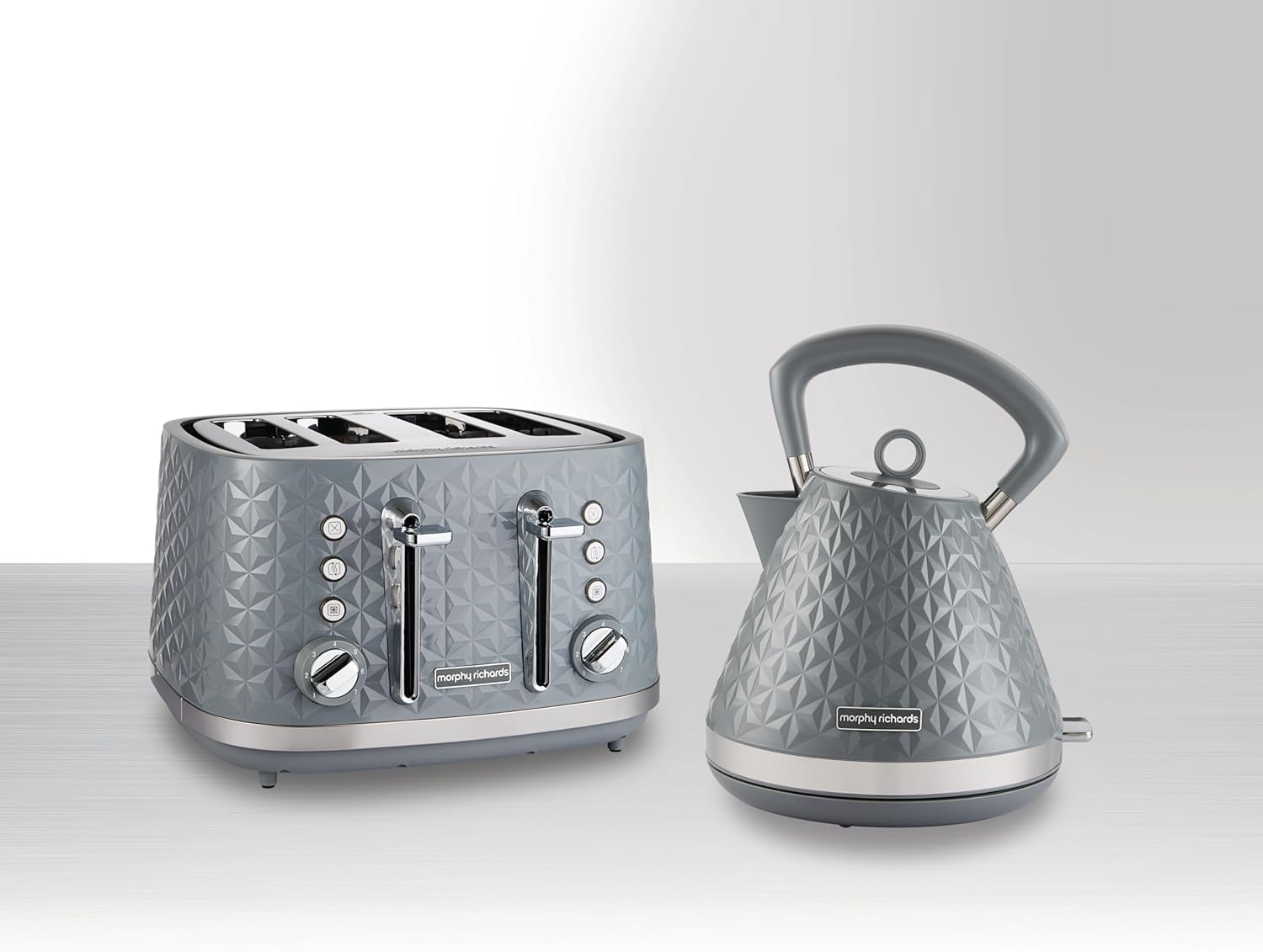 4 Slice Toaster – High Gloss Geometric Design, Defrost & Reheat, Wide Slots, Removable Crumb Tray – Grey