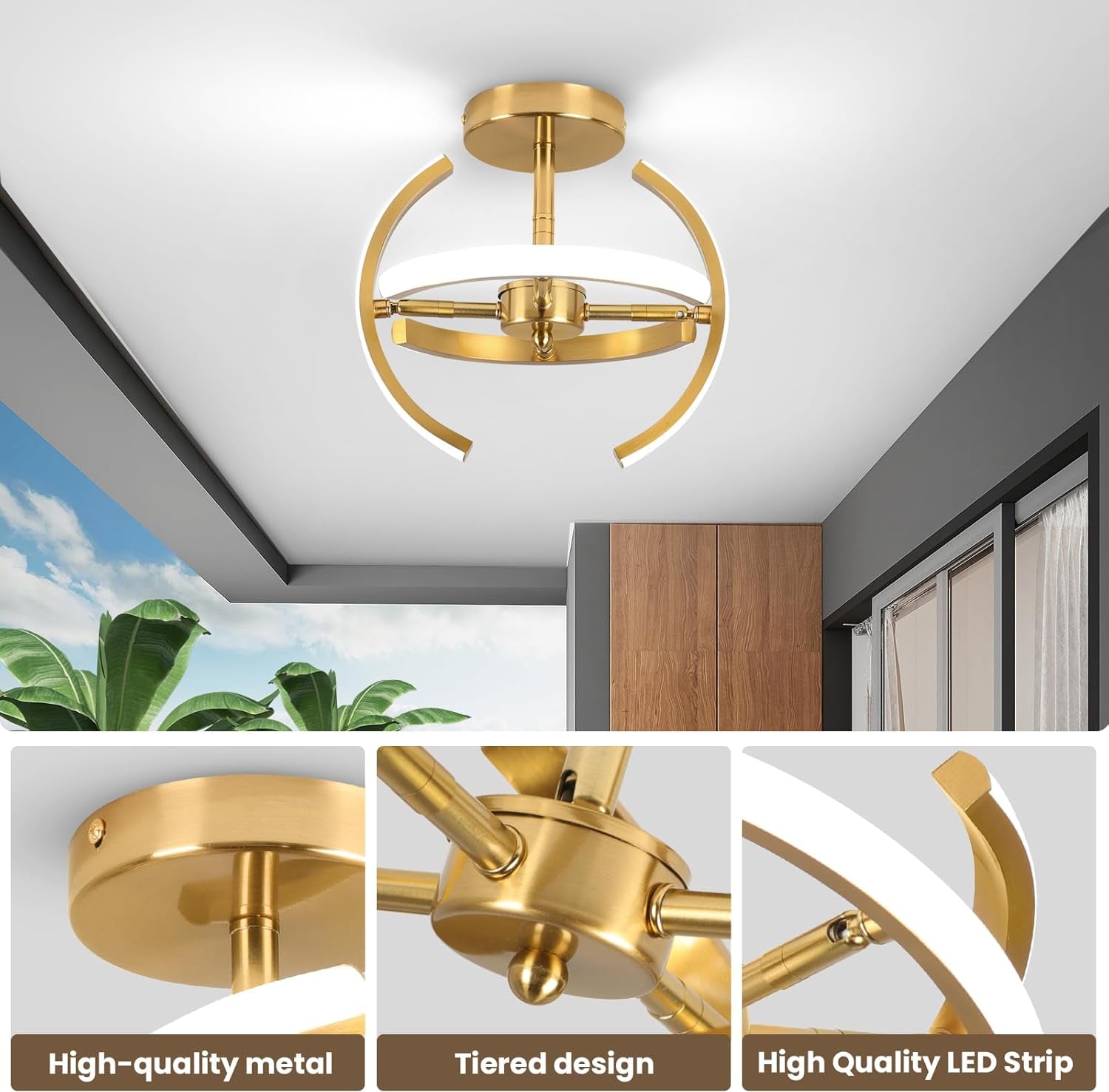 LED Ceiling Light, Elegant Gold Curved Design with 4 Strips, 22W Modern Ceiling Fixture for Hallway, Office, Bedroom, Kitchen, Living Room, Dining Room (Cool White 6000K)