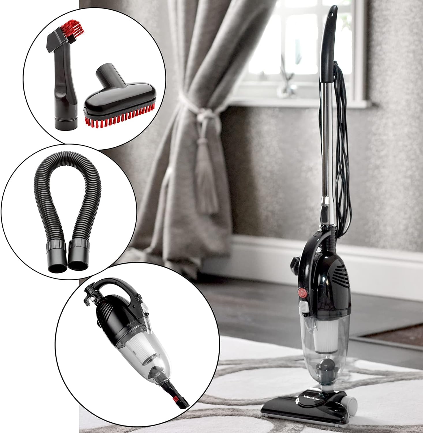 Powersonic 2-in-1 Black Upright & Handheld Stick Vacuum Cleaner