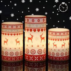 Flameless Red Deer Winter Candles Flickering with Timer, Battery Operated Real Wax Deer Decal Christmas Pillar Candle Lights for Holiday Decor Gift Set of 3