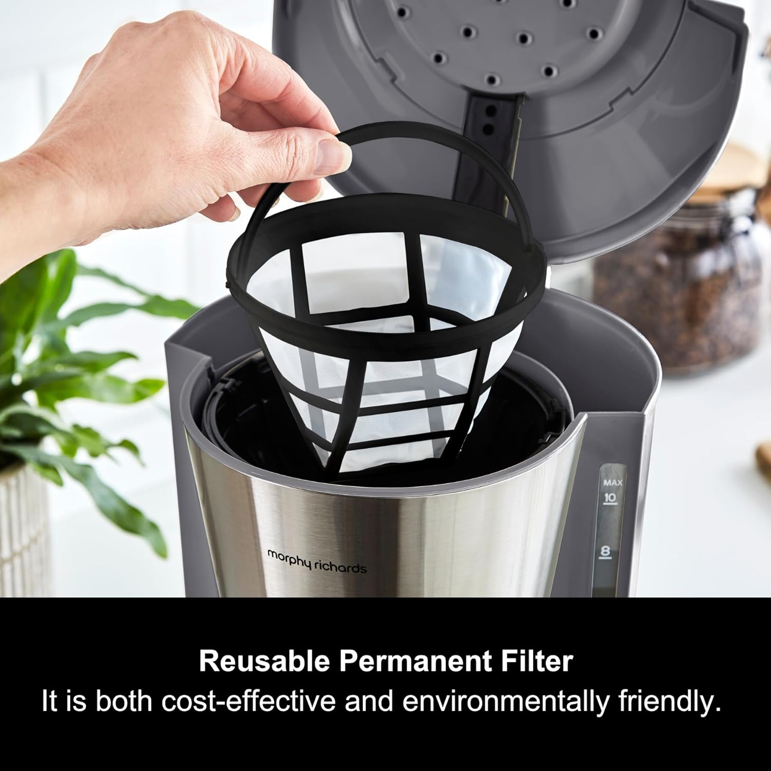 10 Cup Filter Coffee Machine with Pour Over Technology, Fast Brew, Anti-Drip, Keep Warm Function, Reusable Filter, Aroma Blender, Grey & Stainless Steel Finish