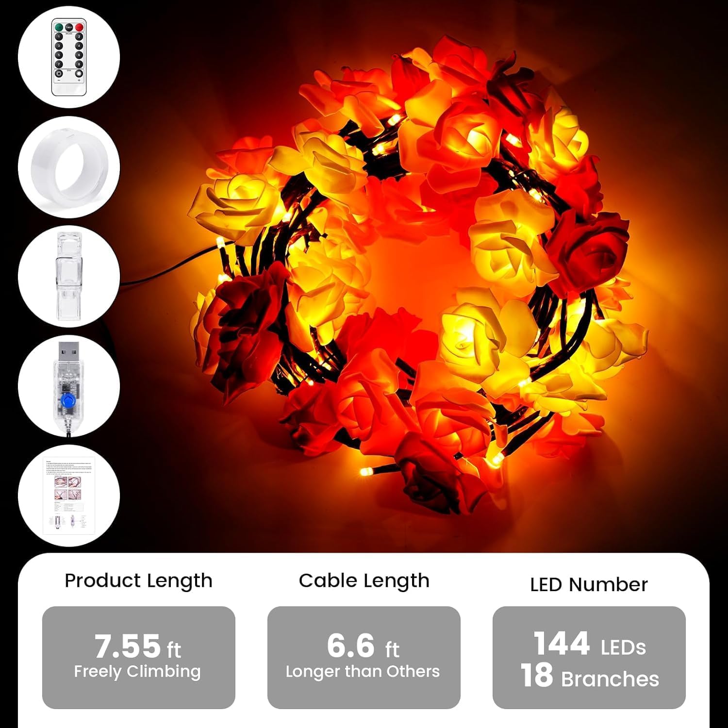 Rose LED Vine Wall Lights with Remote and Timer, 48 LED Fairy Branch Lights for Bedroom Wall Art and Indoor Décor
