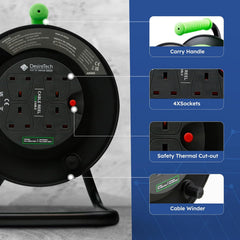 4 Socket 25m Cable Reel Extension Lead with Thermal Cut Out Green