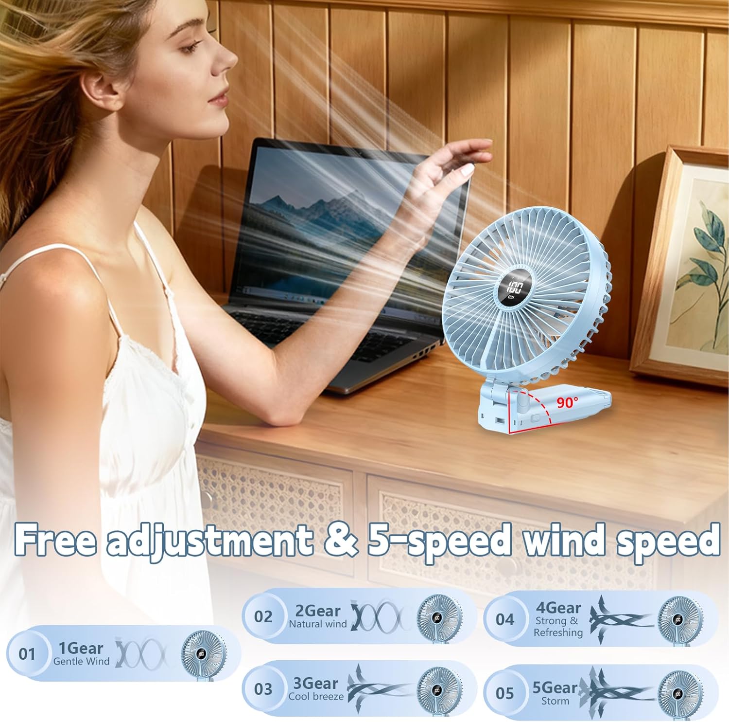 Portable 6-Inch Handheld Fan – 5 Speeds, USB Rechargeable