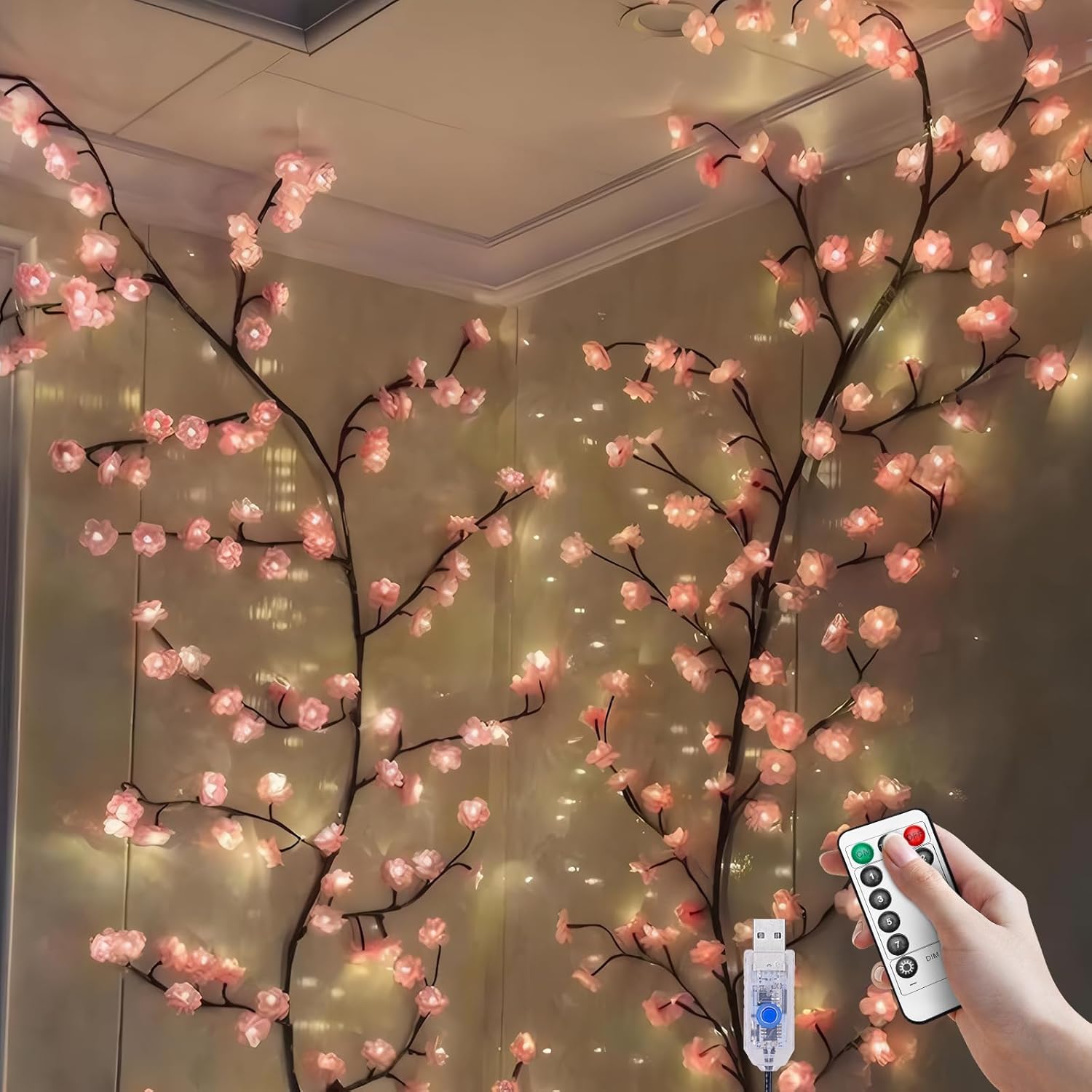 LED Cherry Blossom Vine Wall Lights with Remote and Timer, 144 LED Fairy Branch Lights for Bedroom Wall Art and Indoor Christmas Décor