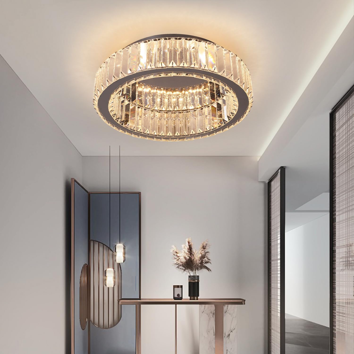 Modern Crystal Ceiling Light LED Chandelier Flush Mount with Remote