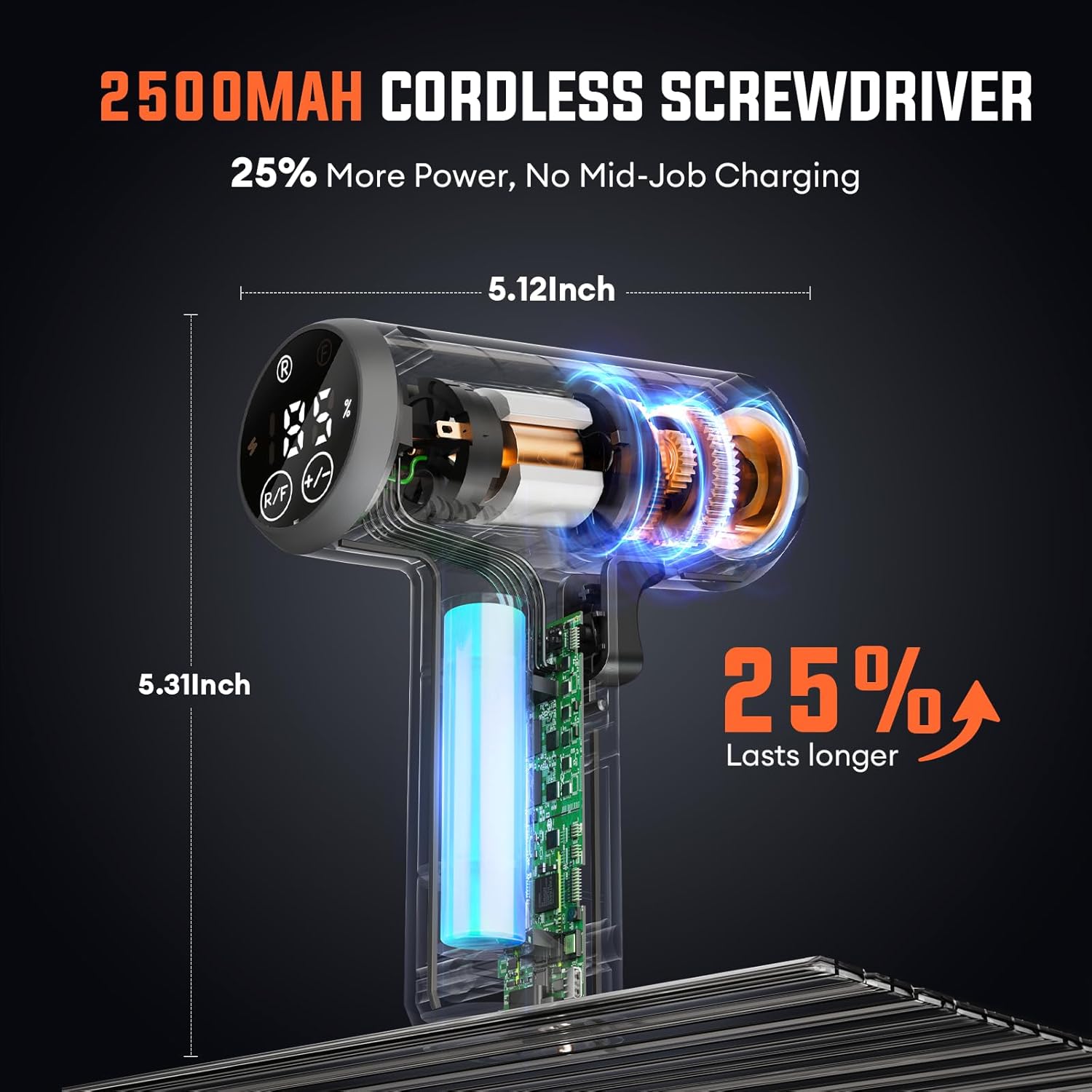 Electric Screwdriver Set - 4V Cordless Screwdriver 2500mAh - 5 Torque Settings Electrical Screwdriver 250RPM 5N·m Max - Digital Screen Power Tools for Furniture Repairs, LED, 15 S2 Metal Bit, 1/4" Hex