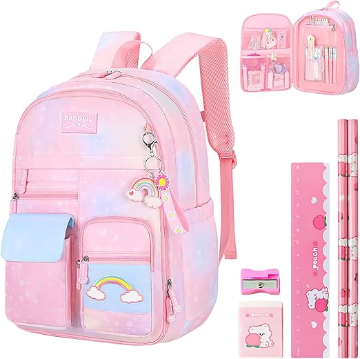 Girls’ School Backpack with Stationery Set – Lightweight Pink Bag for Ages 8–10
