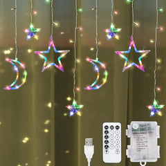 Curtain Lights – 138 LEDs, Battery Operated, Star & Moon Design, 8 Modes, Memory Function for Christmas Window and Decorations