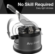 AnySharp Pro Metal Knife Sharpener – Hands-Free PowerGrip Suction | Sharpens All Knives | Hardened Steel & Serrated | Matte Grey