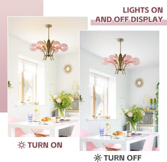 Chandelier with pink glass shades in a dining room setting, showing lights on and off.