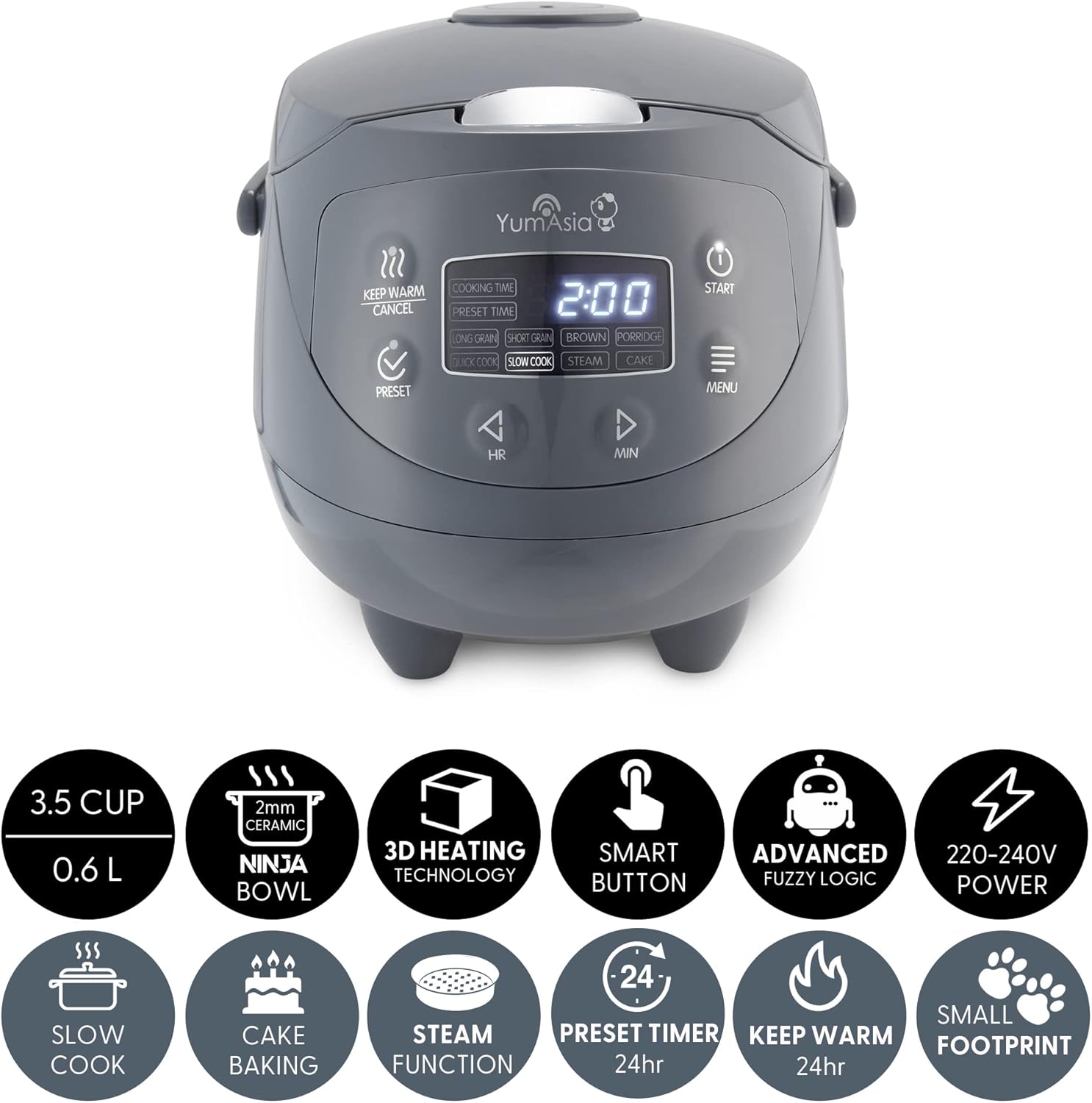 Yum Asia Panda Mini Rice Cooker – 0.63L Ninja Ceramic Bowl, Fuzzy Logic, 8 Cooking Functions, LED Display, 220-240V