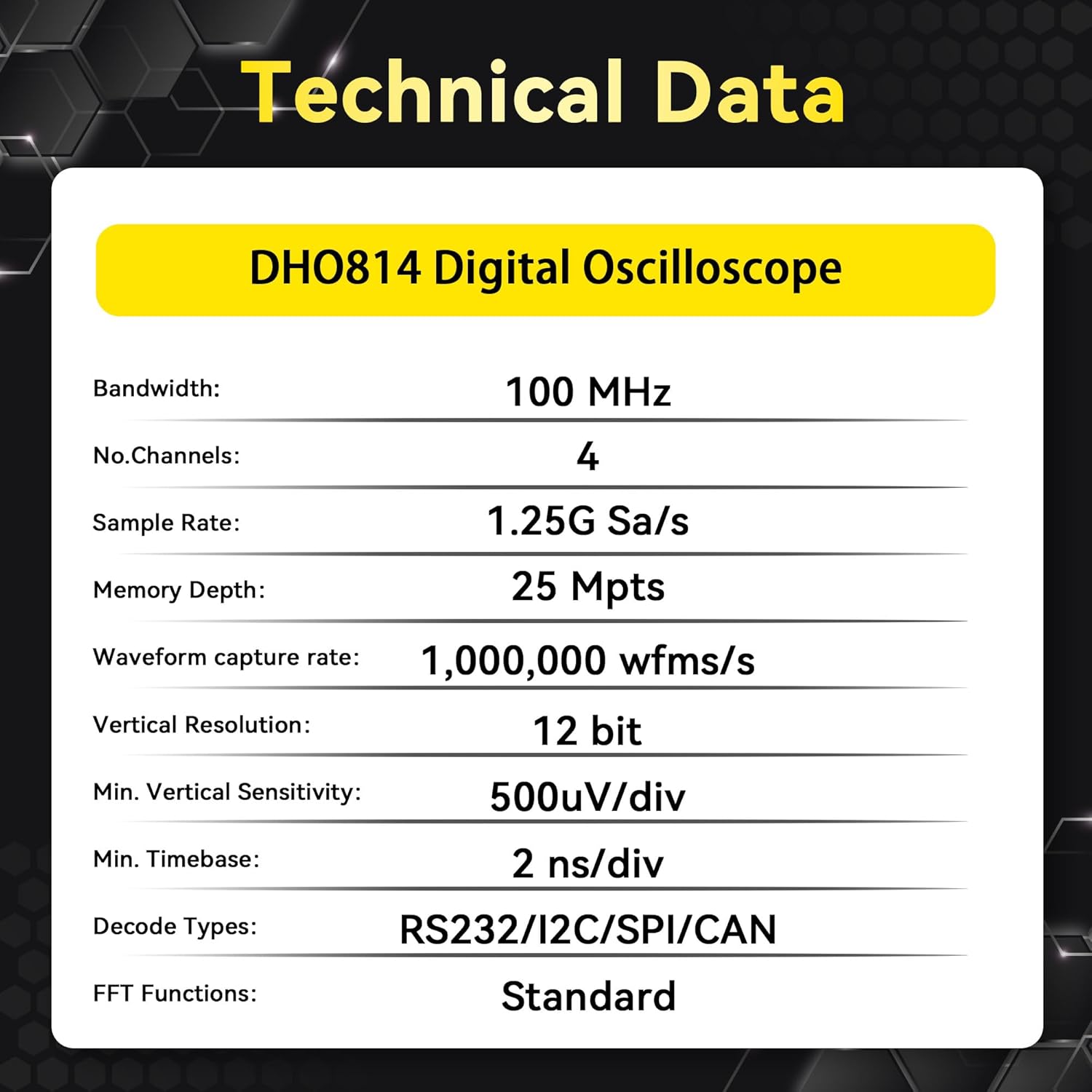 RIGOL DHO814 Portable Digital Oscilloscope, 100MHz Bandwidth, 4 Analogue Channels, 12bit Vertical Resolution, Low Noise Floor, Mobile Power Supply Supportable
