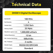 RIGOL DHO814 Portable Digital Oscilloscope, 100MHz Bandwidth, 4 Analogue Channels, 12bit Vertical Resolution, Low Noise Floor, Mobile Power Supply Supportable