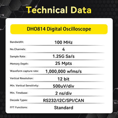 RIGOL DHO814 Portable Digital Oscilloscope, 100MHz Bandwidth, 4 Analogue Channels, 12bit Vertical Resolution, Low Noise Floor, Mobile Power Supply Supportable