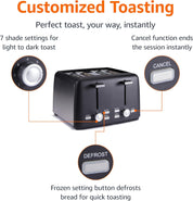 Amazon Basics 4 Slice Toaster 1500W – Extra Wide Slots, 7 Shade Settings, Removable Crumb Tray, High Lift, Black – UK