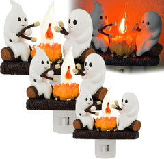 Ghost Campfire Nightlight, Ghosts Roasting Marshmallows, Flickering Flame, Halloween Decoration (White 1 pc)