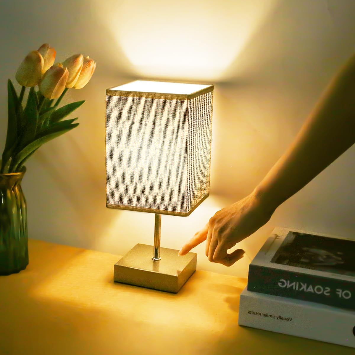 Touch Control Table Lamp, 3-Way Dimmable, Bedside Nightstand Lamp with Flaxen Fabric Shade, LED Bulb Included