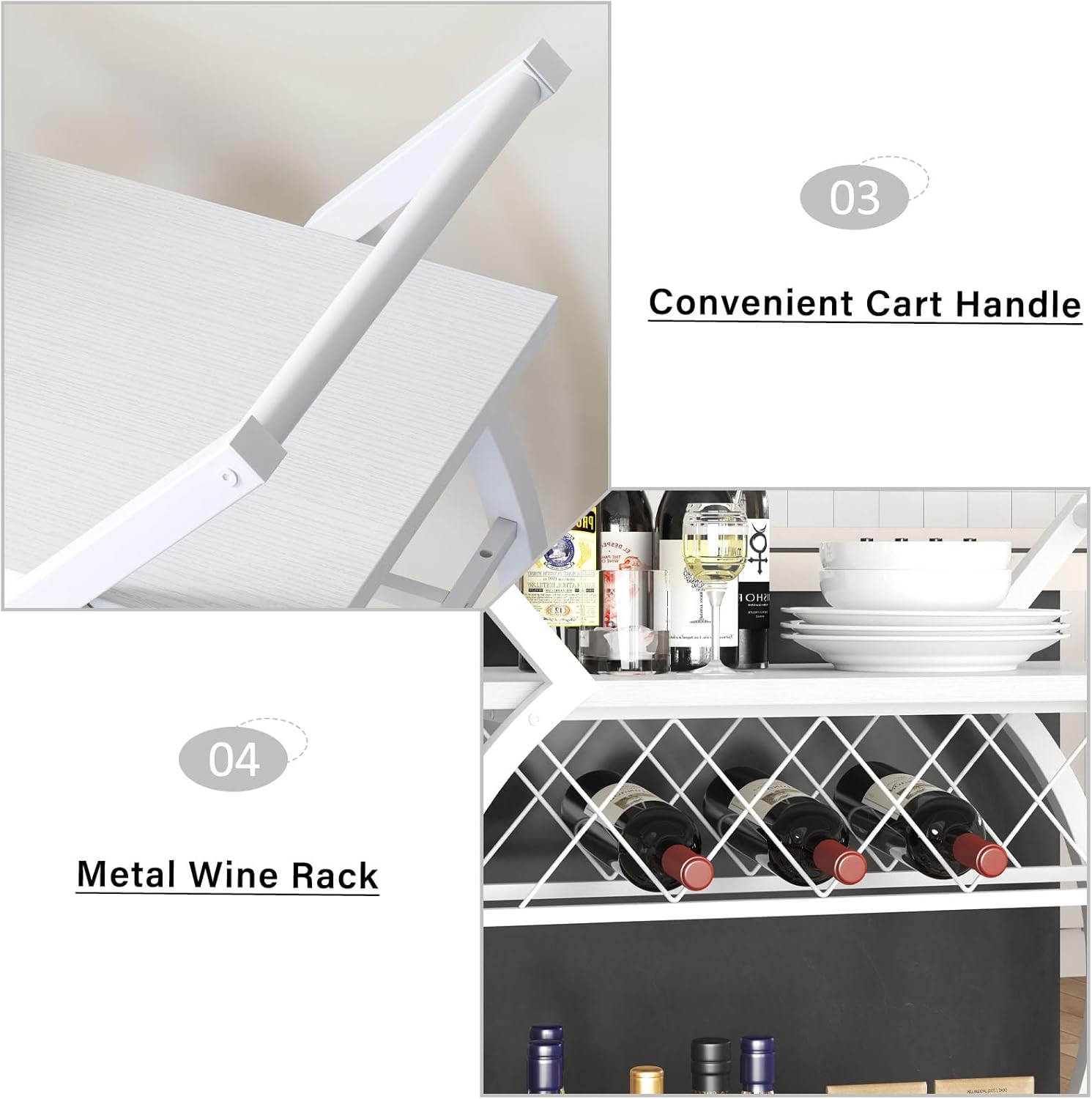 LVB 2-Tier White Drinks Trolley – Modern Rolling Bar Cart with Shelves & Wine Rack