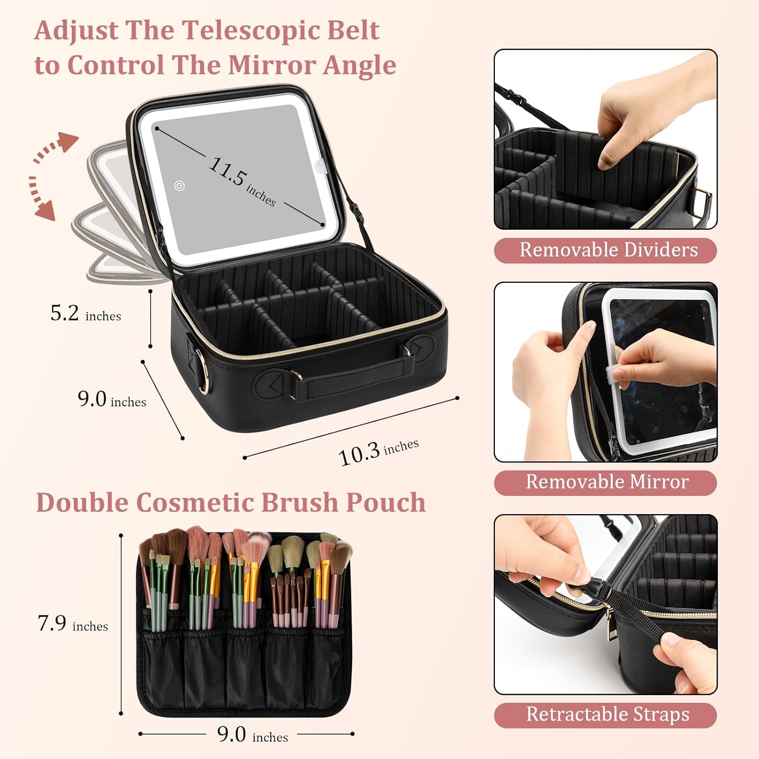 Makeup Organizer with LED Mirror, Stepless Dimmable Light, Travel Cosmetic Bag – Black