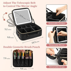 Makeup Organizer with LED Mirror, Stepless Dimmable Light, Travel Cosmetic Bag – Black