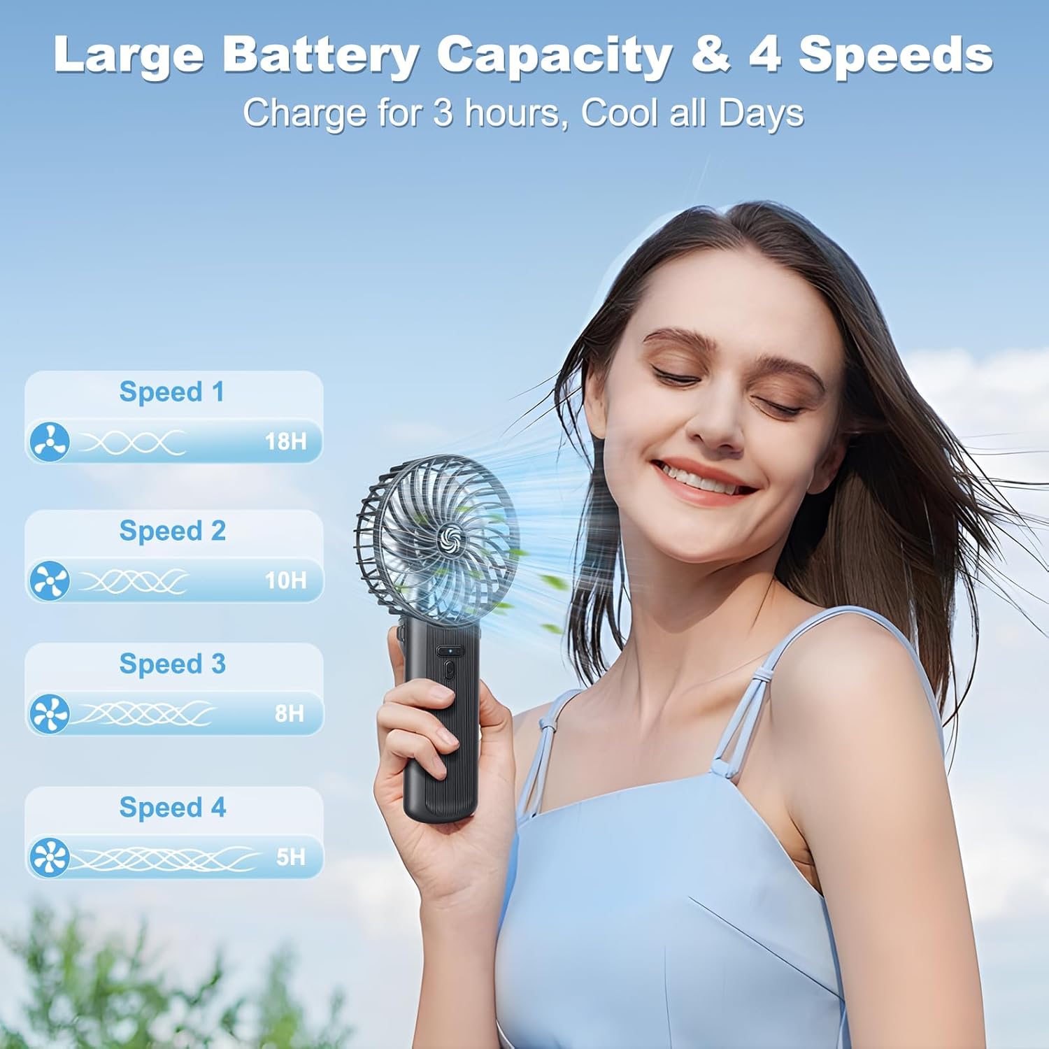 Hand Held Fan, Portable Handheld USB Rechargeable Fans with 4 Speeds, Personal Battery Powered Mini Desk Desktop Fan, Small Electric Hand Fan Folding for Home Office Indoor Outdoor Travel (Black)