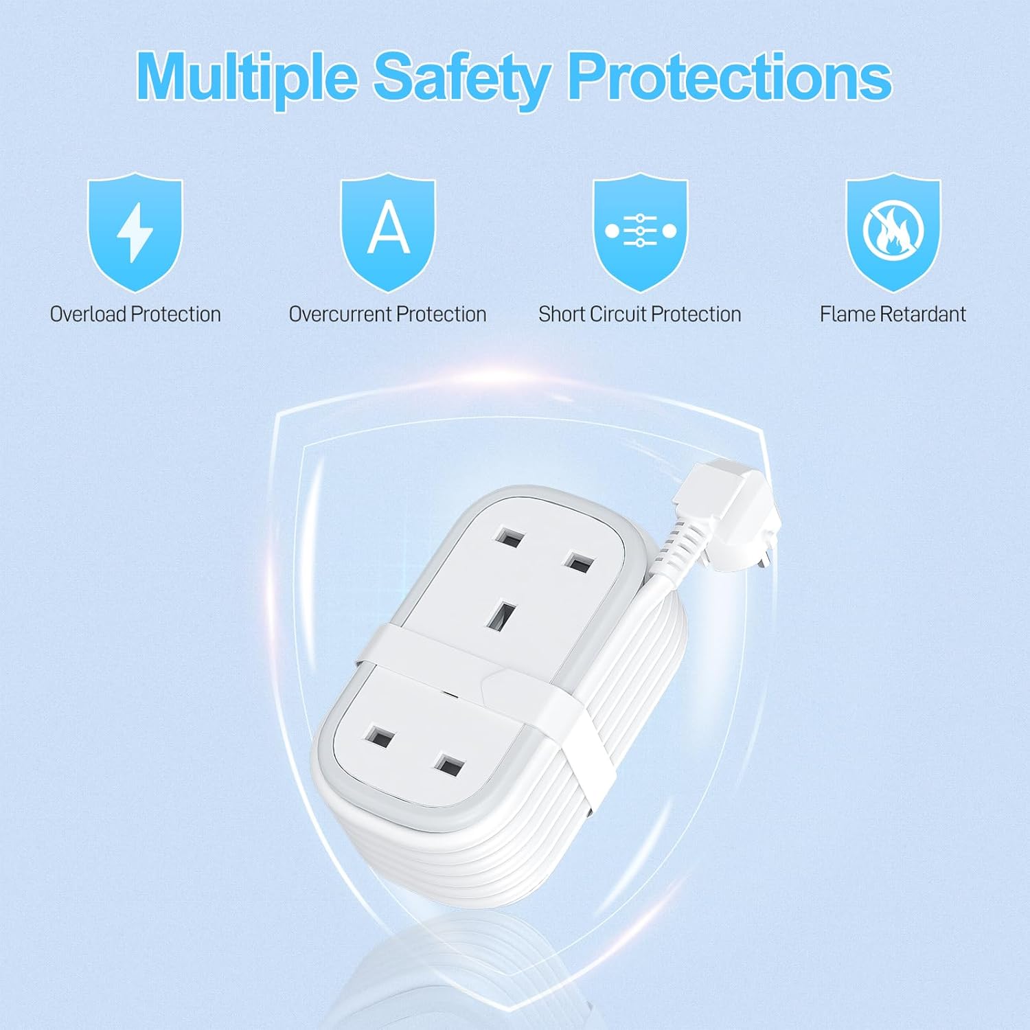 UK to US Plug Adapter with 1.5M Extension Cable, 2 Way Outlets, 3 USB Ports & Retractable USB-C Cable – Type B Travel Adaptor