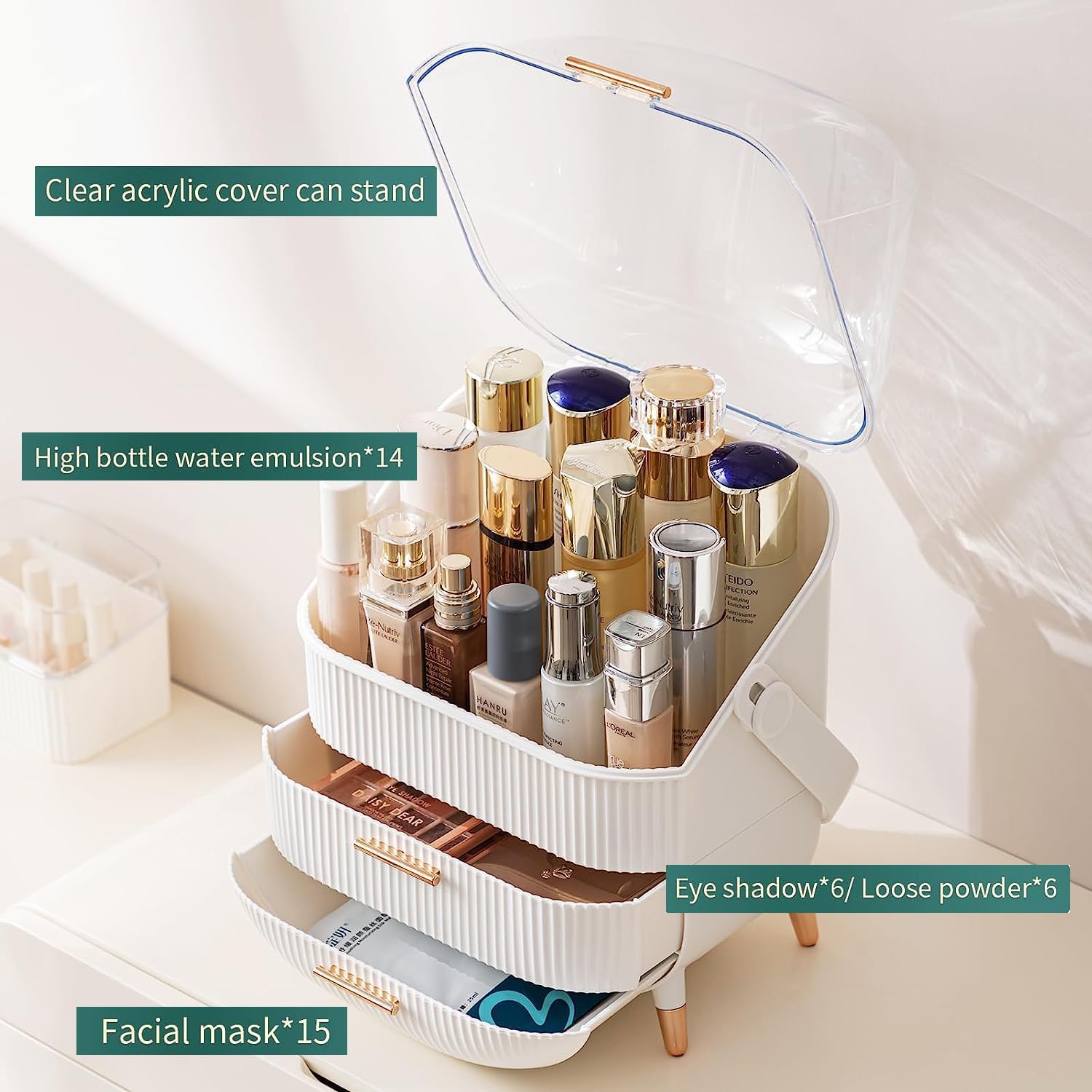 Portable Waterproof Makeup Organizer with Lid – Dustproof Skincare Storage Case for Vanity