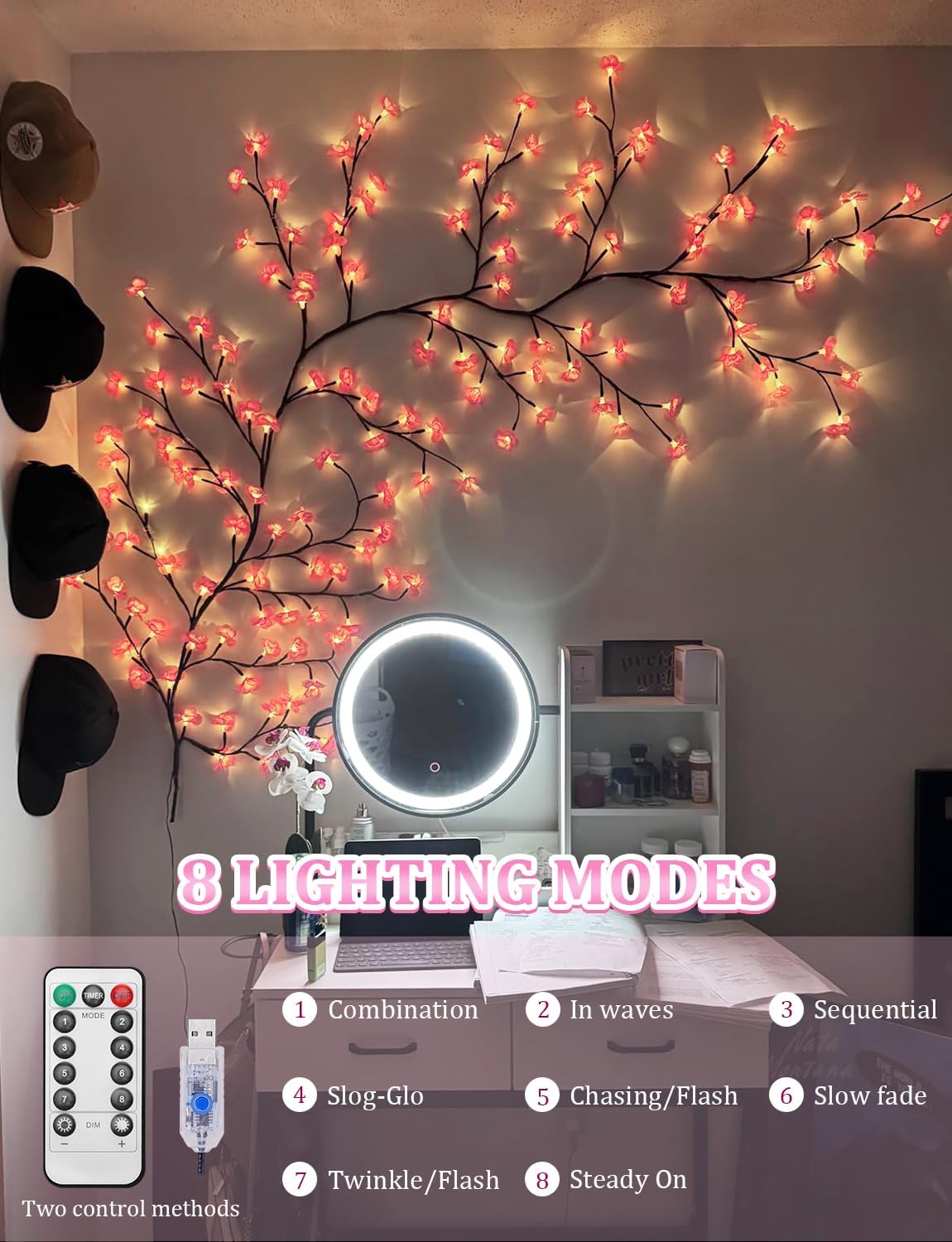 LED Cherry Blossom Vine Wall Lights with Remote and Timer, 144 LED Fairy Branch Lights for Bedroom Wall Art and Indoor Christmas Décor