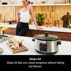 3.5L Stainless Steel Slow Cooker with 3 Heat Settings, Removable Ceramic Pot, Dishwasher Safe, Energy Efficient