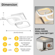 Ceiling light fixture with dimensions, light color options, and features on a gray background
