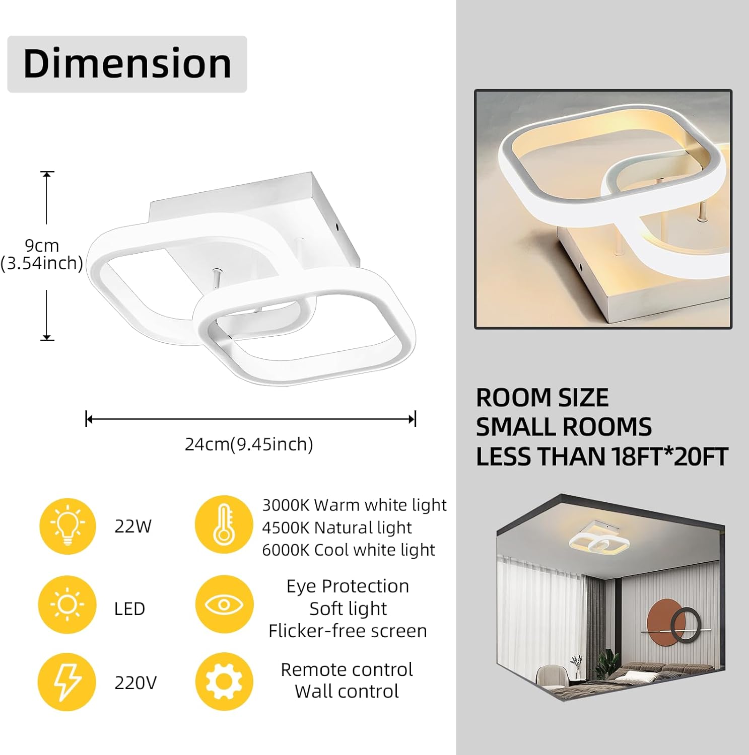 22W LED Ceiling Light Modern Square Dimmable Ceiling Lamp Fixture ...